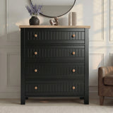 [Black] Linra bedroom furniture set chest of drawers, 4 grooved drawers with round knobs and oak veneer top