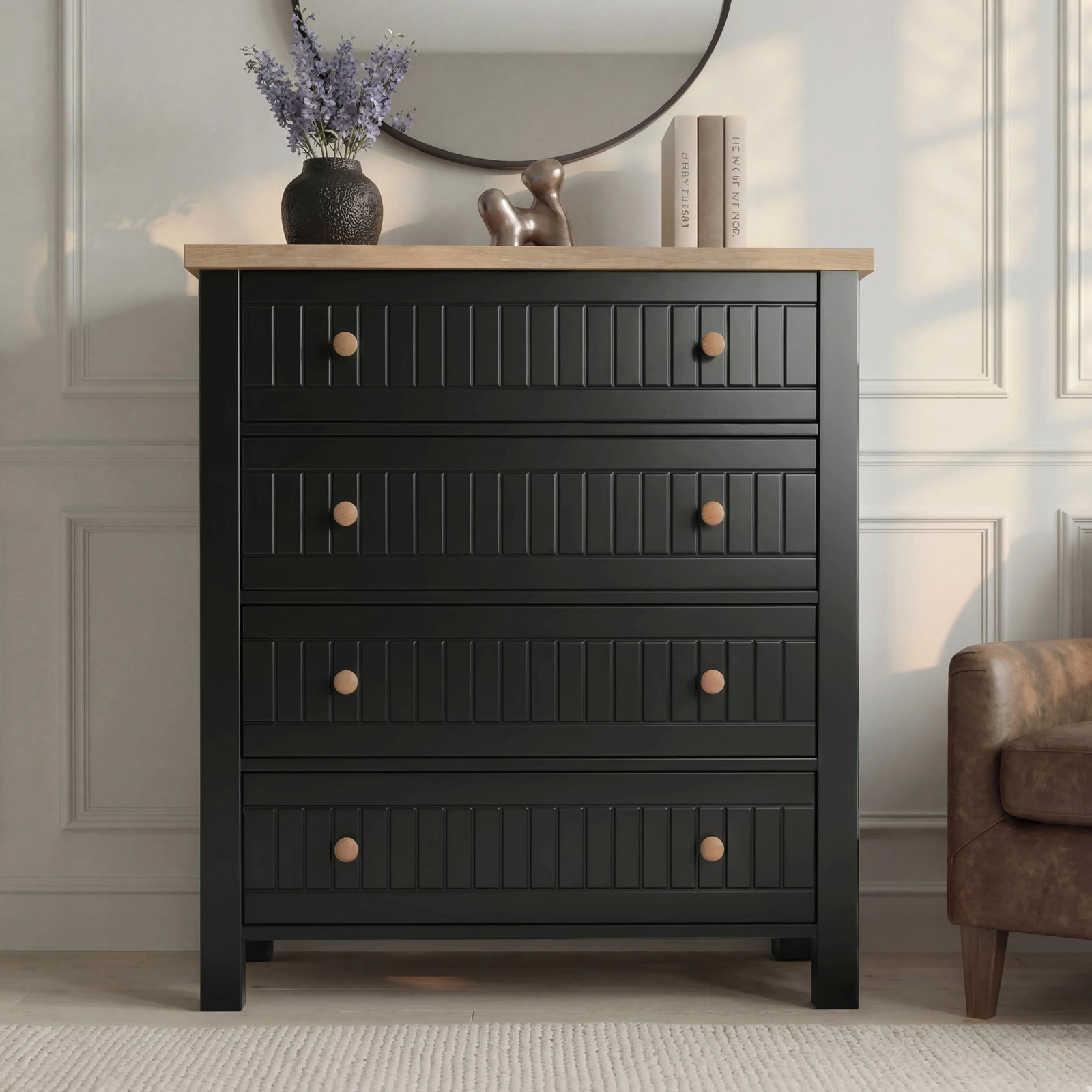 [Black] Linra bedroom furniture set chest of drawers, 4 grooved drawers with round knobs and oak veneer top