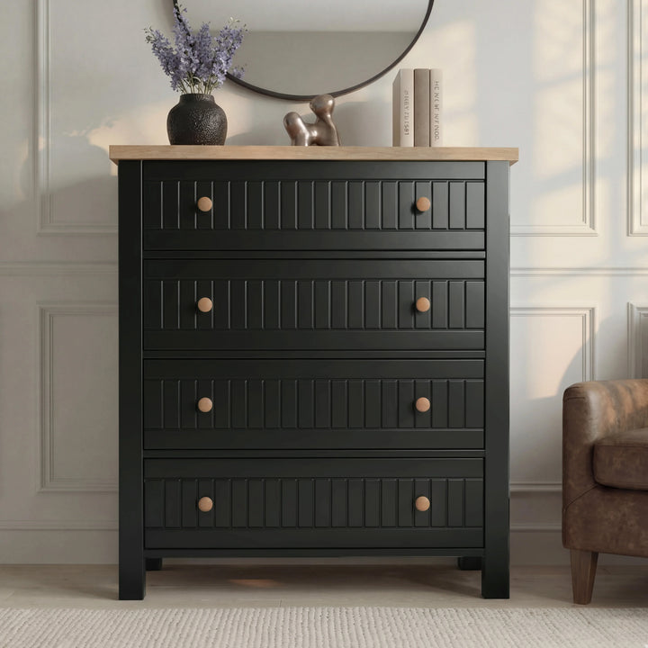 [Black] Linra bedroom furniture set chest of drawers, 4 grooved drawers with round knobs and oak veneer top