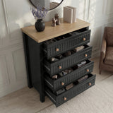 [Black] Linra bedroom furniture set 4-drawer chest open, black ribbed fronts, round knobs, oak top