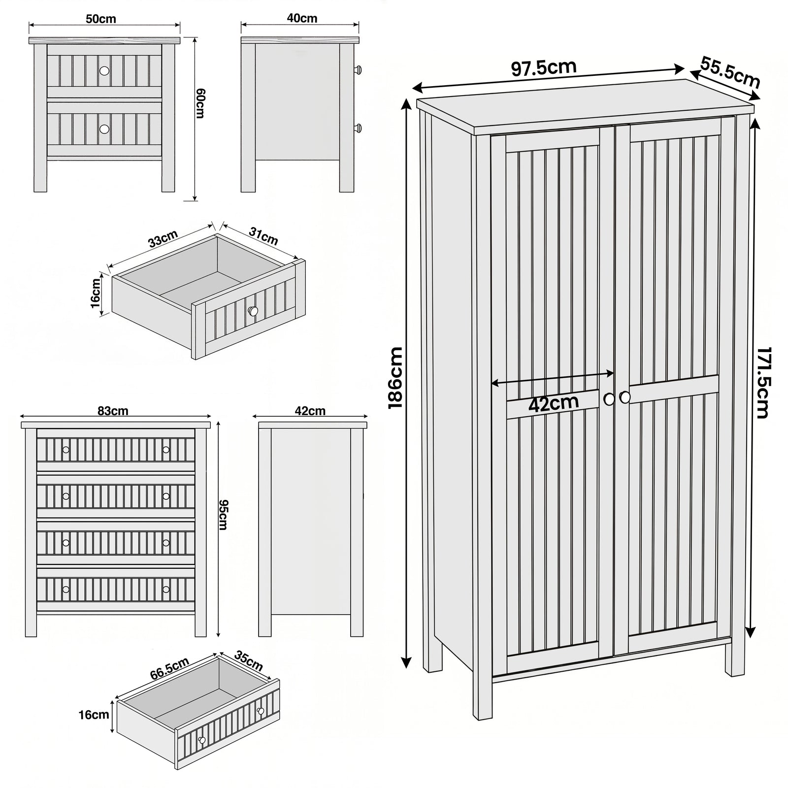 [Black] Linra bedroom furniture set dimensions: wardrobe 97.5x55.5x186, chest 83x42x95, bedside 50x40x60cm