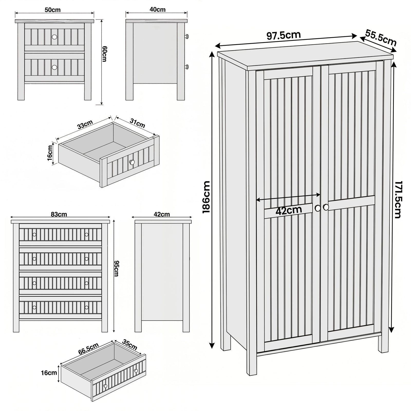 [Black] Linra bedroom furniture set dimensions: wardrobe 97.5x55.5x186, chest 83x42x95, bedside 50x40x60cm