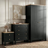 [Black] Linra bedroom furniture set in black with grooved wardrobe, 4-drawer chest and 2-drawer bedside, oak tops