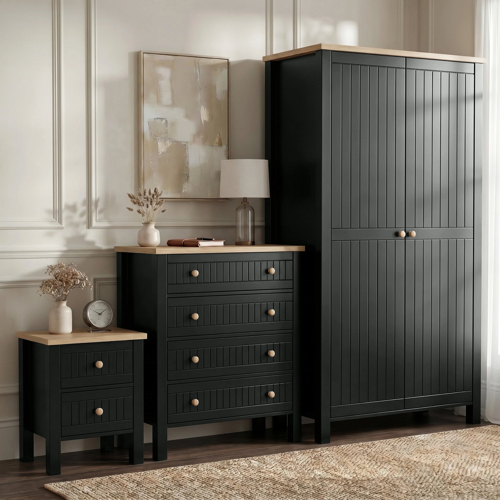 [Black] Linra bedroom furniture set in black with grooved wardrobe, 4-drawer chest and 2-drawer bedside, oak tops