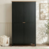 [Black] Linra bedroom furniture set: ribbed wardrobe front view, twin doors with round knobs and oak top