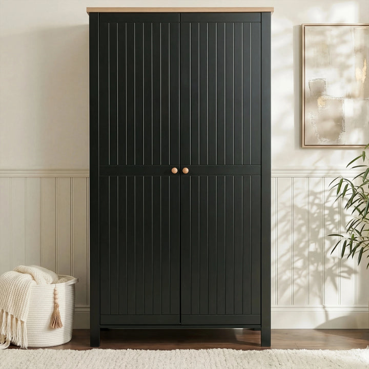 [Black] Linra bedroom furniture set: ribbed wardrobe front view, twin doors with round knobs and oak top