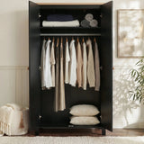 [Black] Linra bedroom furniture set wardrobe open showing clothes on rail plus shelf storage above and below