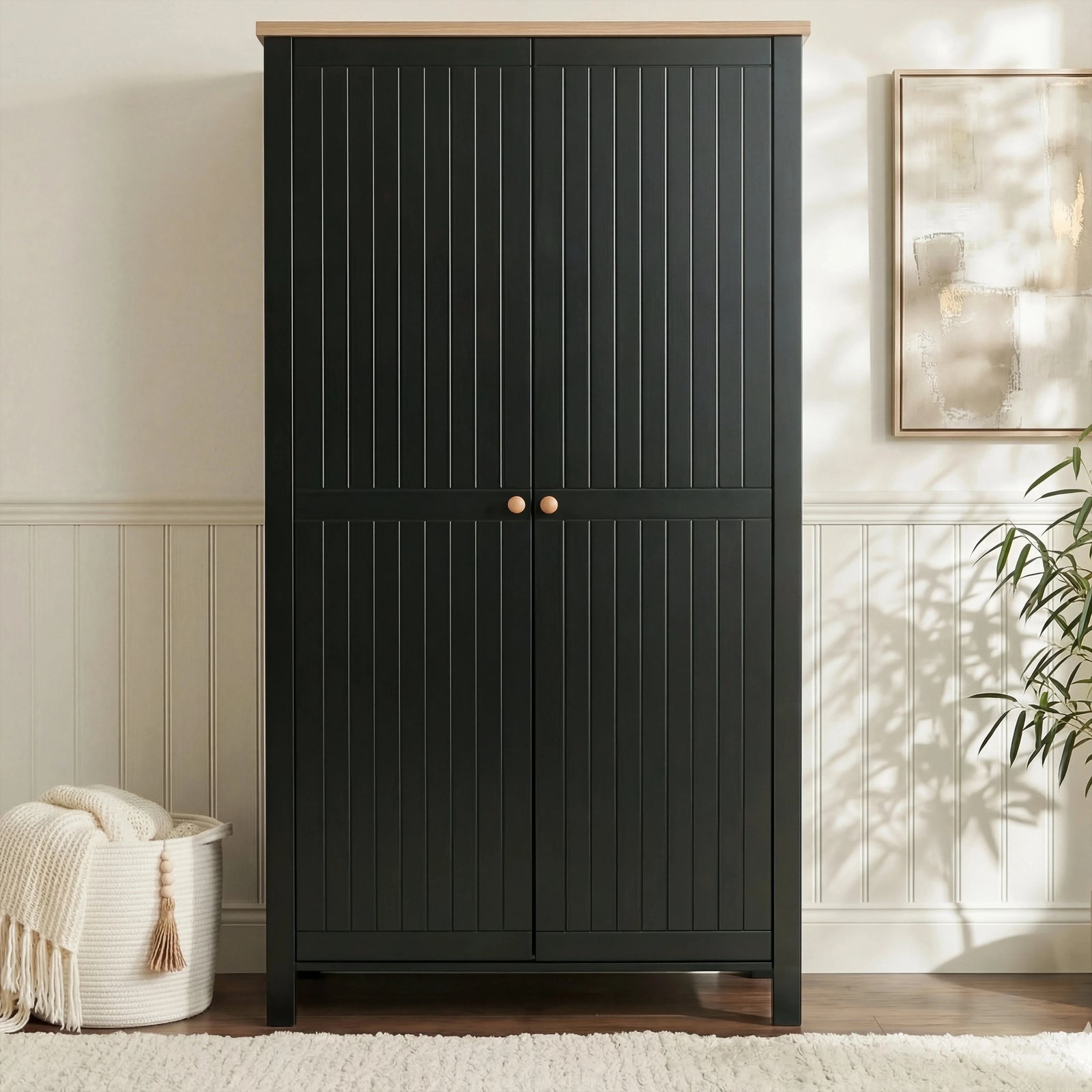 [Black] Linra bedroom furniture set 2-door wardrobe in black with round wood knobs and oak-finish top panel