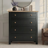 [Black] Linra bedroom furniture set 4-drawer chest, grooved panel drawer fronts, oak top and round painted knobs