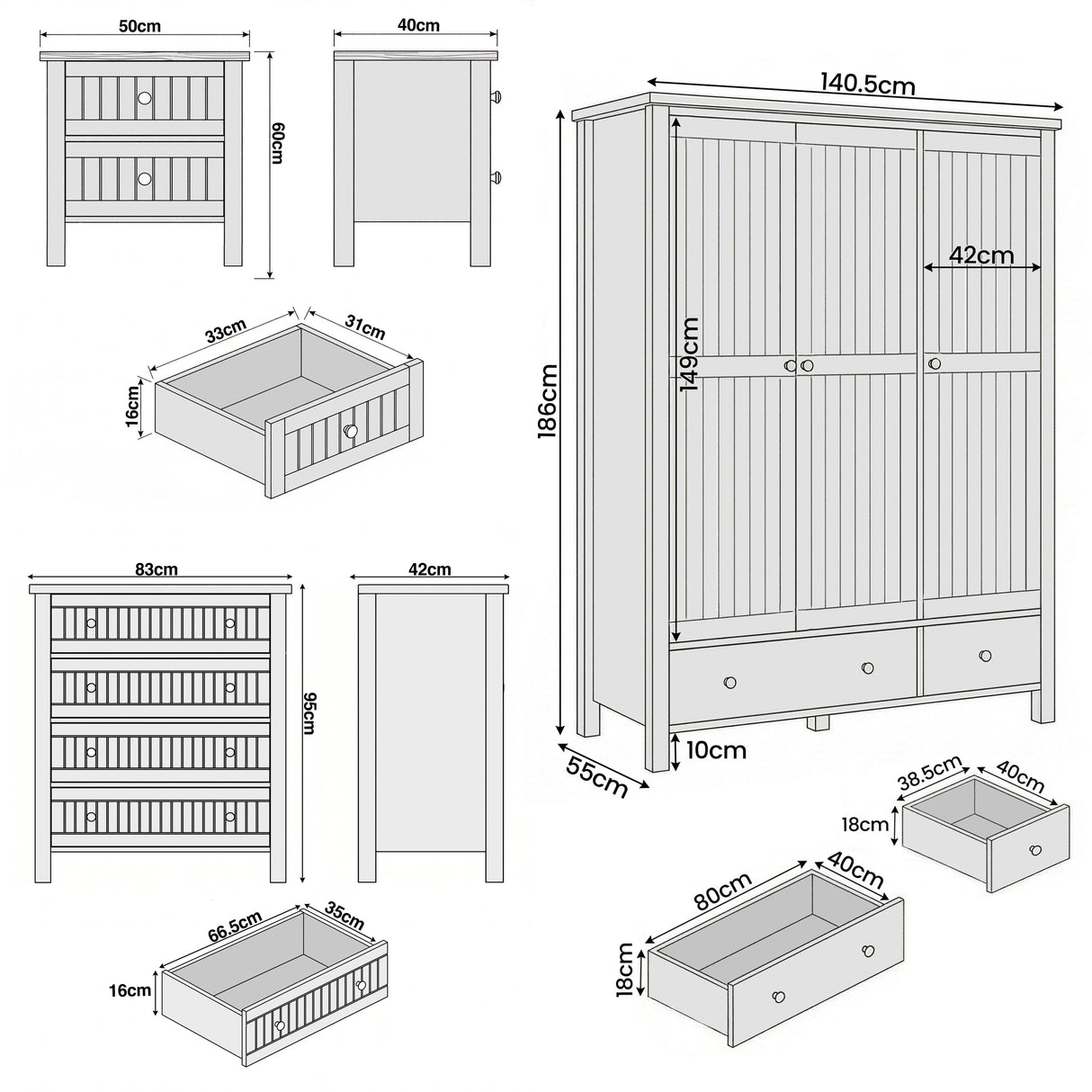 [Black] Linra bedroom furniture set dimensions: wardrobe 140.5x55x186cm, chest 83x42x95cm, bedsides 50x40x60cm each
