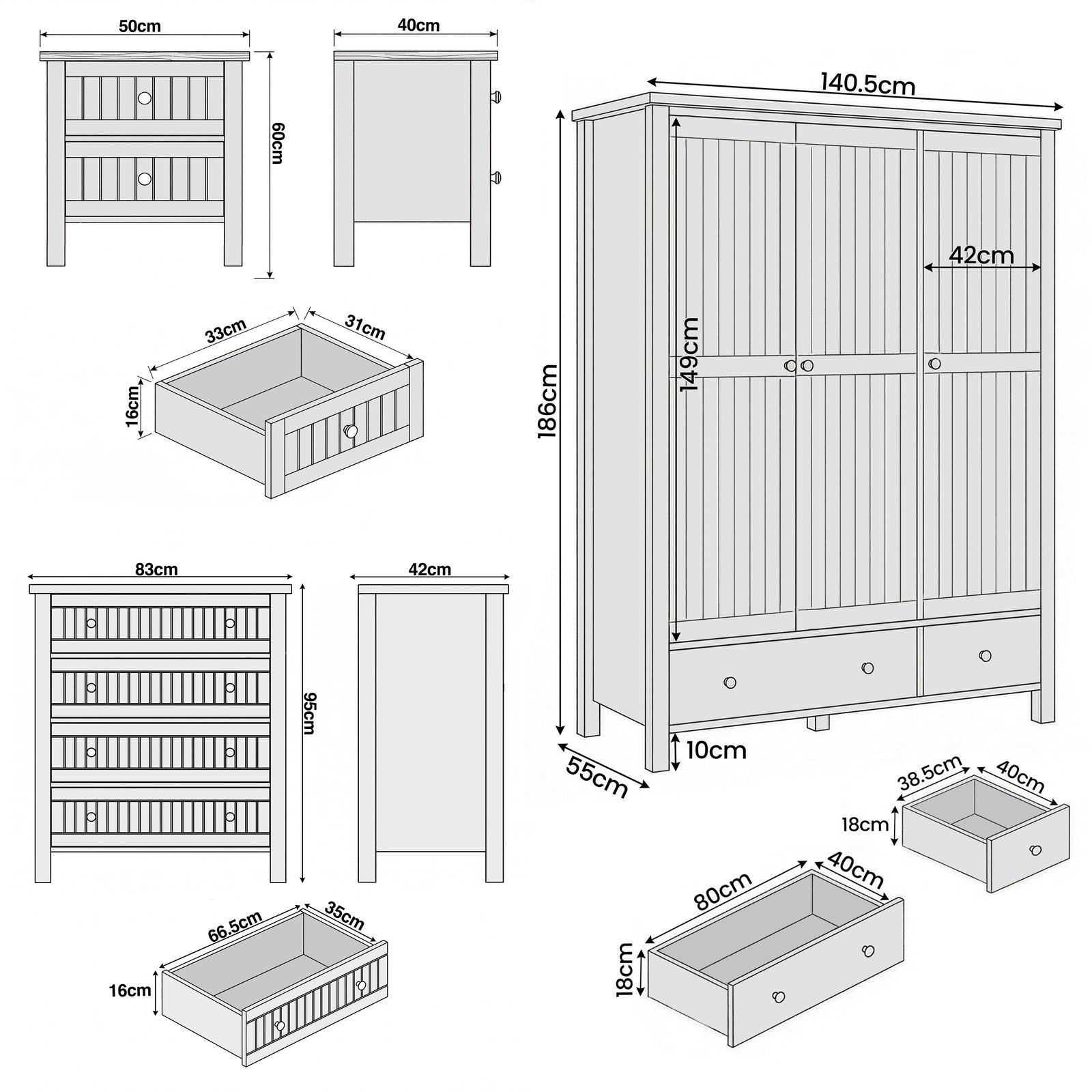 [Black] Linra bedroom furniture set dimensions: wardrobe 140.5x55x186cm, chest 83x42x95cm, bedsides 50x40x60cm each