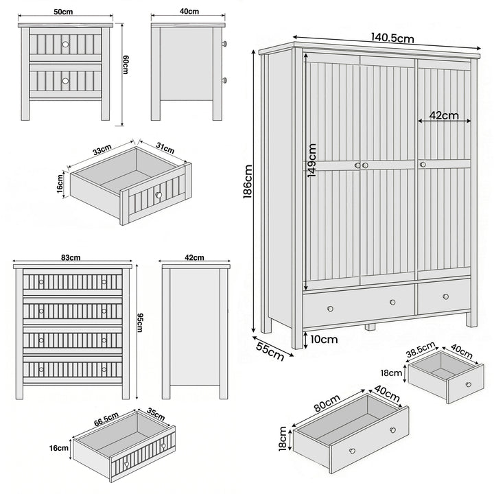 [Black] Linra bedroom furniture set dimensions: wardrobe 140.5x55x186cm, chest 83x42x95cm, bedsides 50x40x60cm each