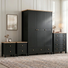 [Black] Linra bedroom furniture set with oak tops: grooved triple wardrobe, 4-drawer chest, two bedsides