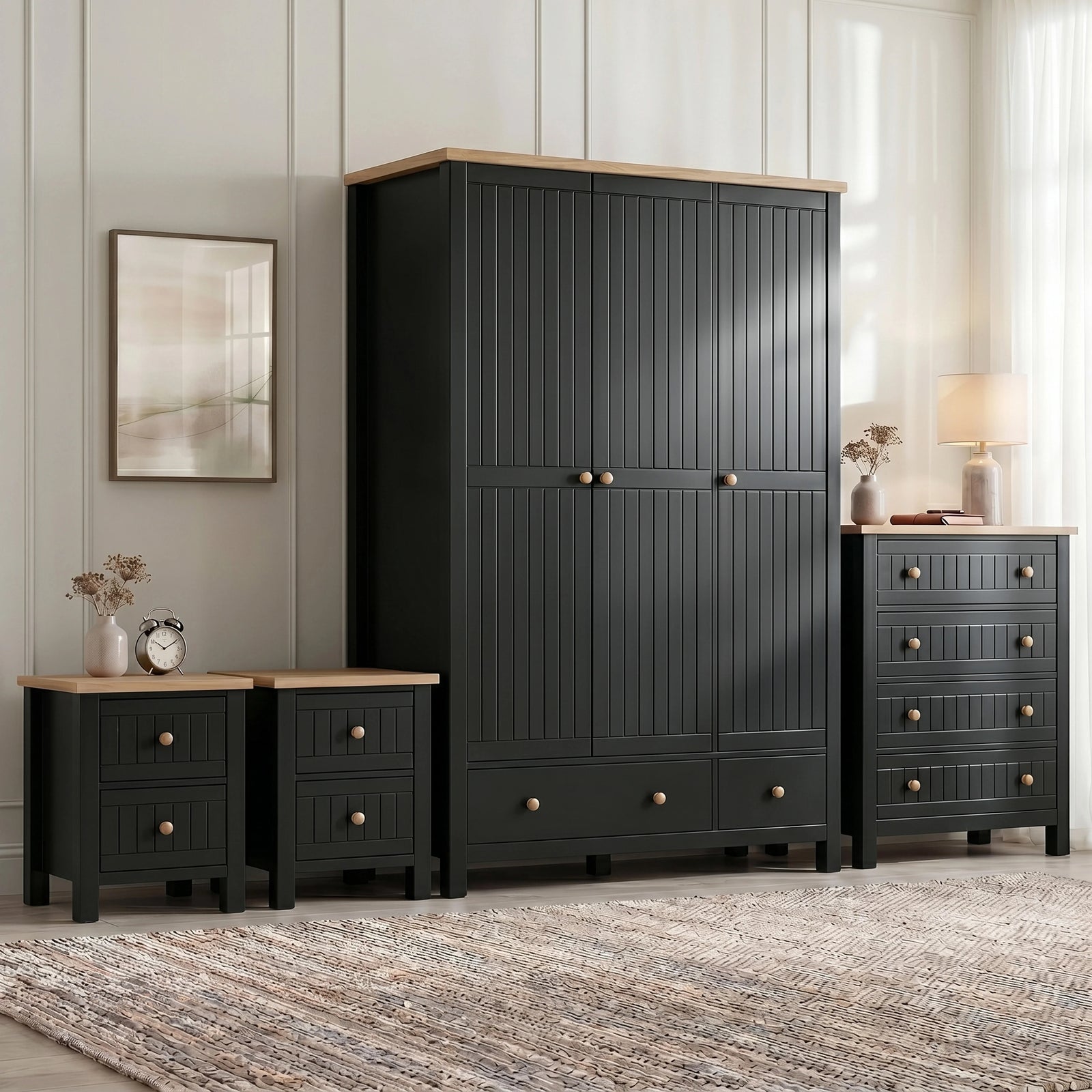 [Black] Linra bedroom furniture set with oak tops: grooved triple wardrobe, 4-drawer chest, two bedsides