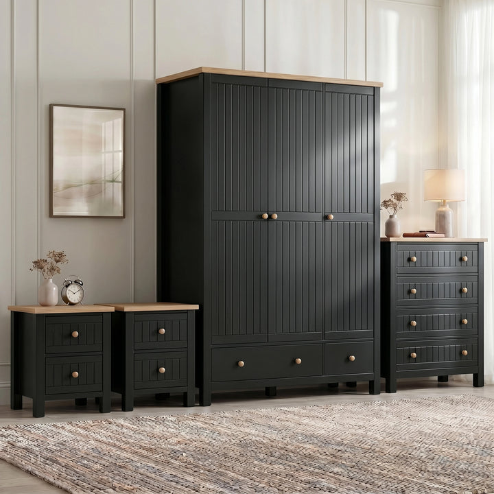 [Black] Linra bedroom furniture set with oak tops: grooved triple wardrobe, 4-drawer chest, two bedsides