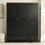 [Black] Linra bedroom furniture set wardrobe, grooved triple doors, oak top and two base drawers with round knobs