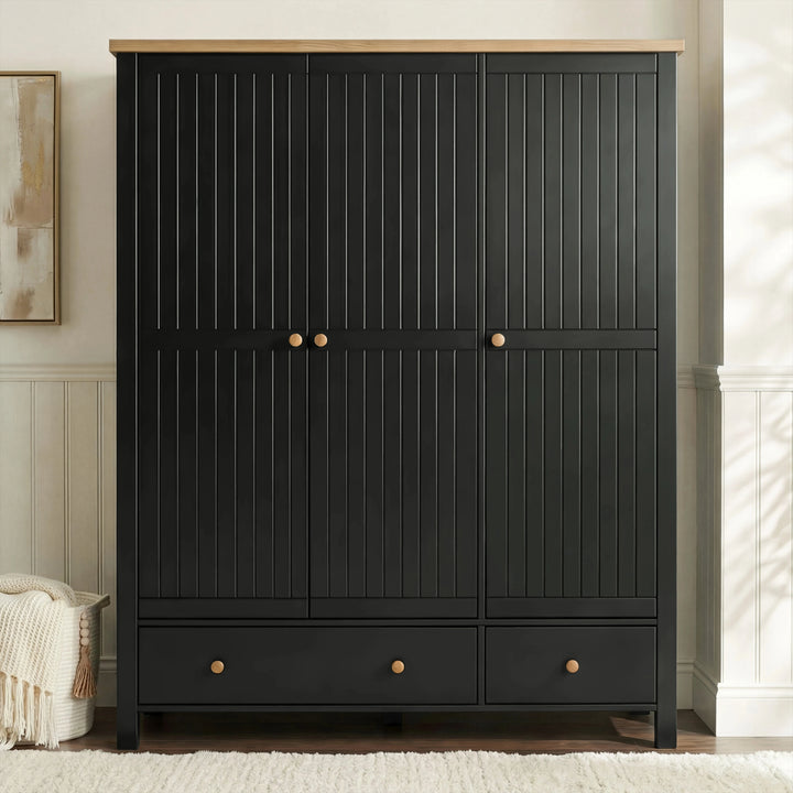 [Black] Linra bedroom furniture set wardrobe, grooved triple doors, oak top and two base drawers with round knobs