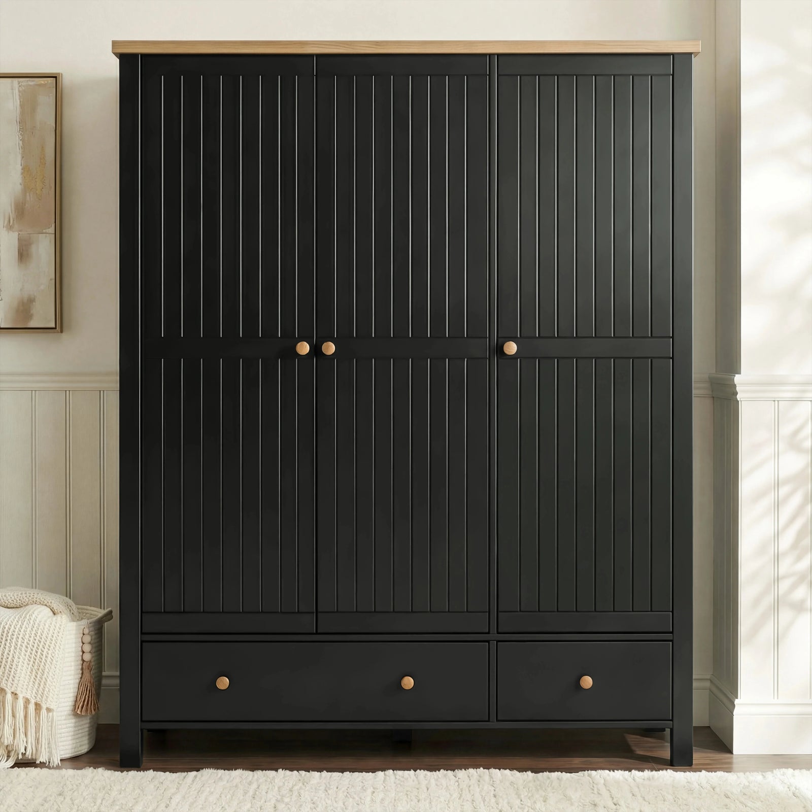 [Black] Linra bedroom furniture set wardrobe, grooved triple doors, oak top and two base drawers with round knobs