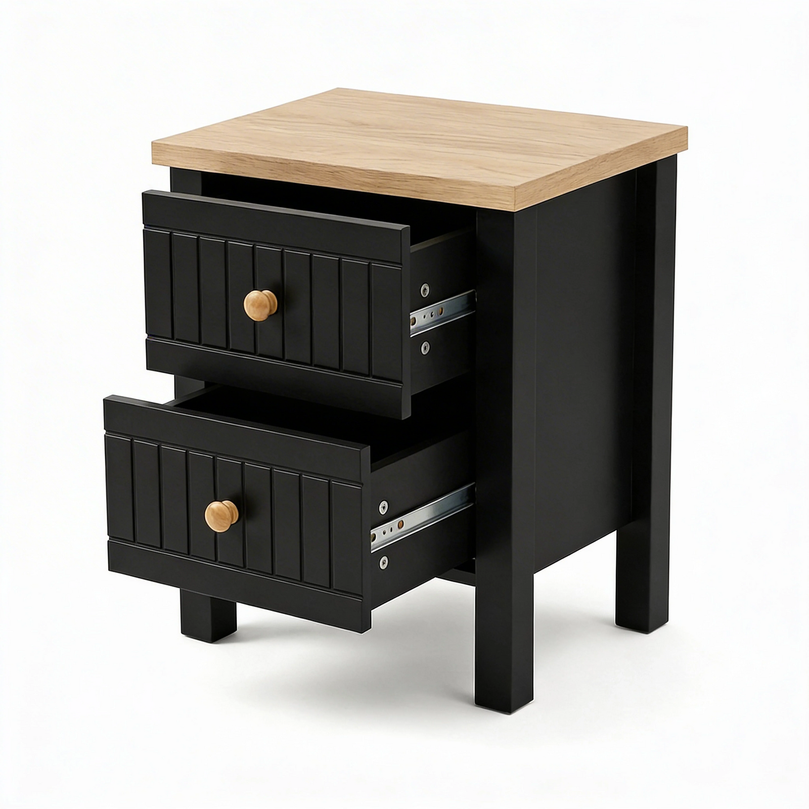 [Black] Linra bedside table at an angle on white with both drawers pulled open showing oak interiors and runners