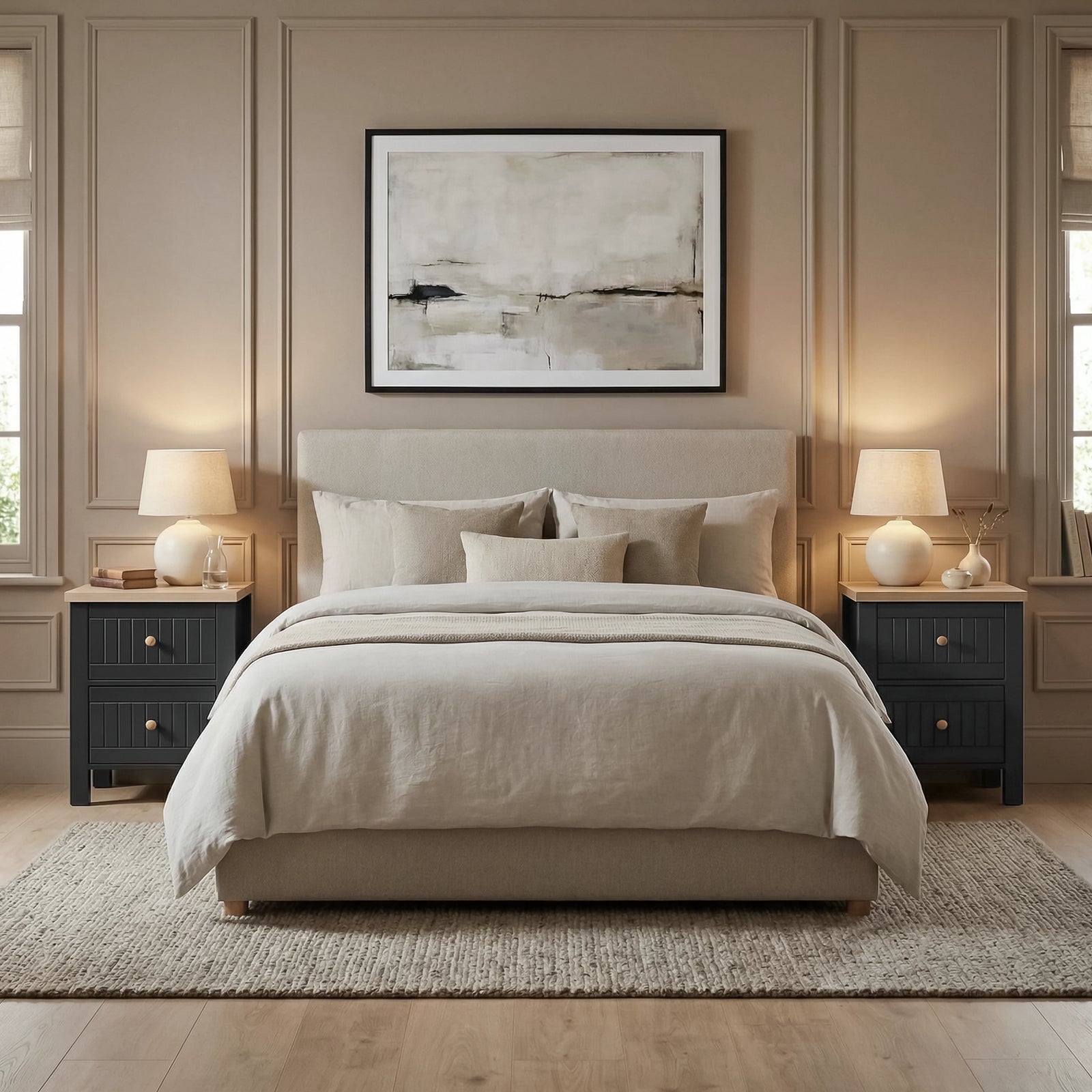 [Black] Symmetrical bedroom set-up showing the Linra bedside table on each side of an upholstered headboard