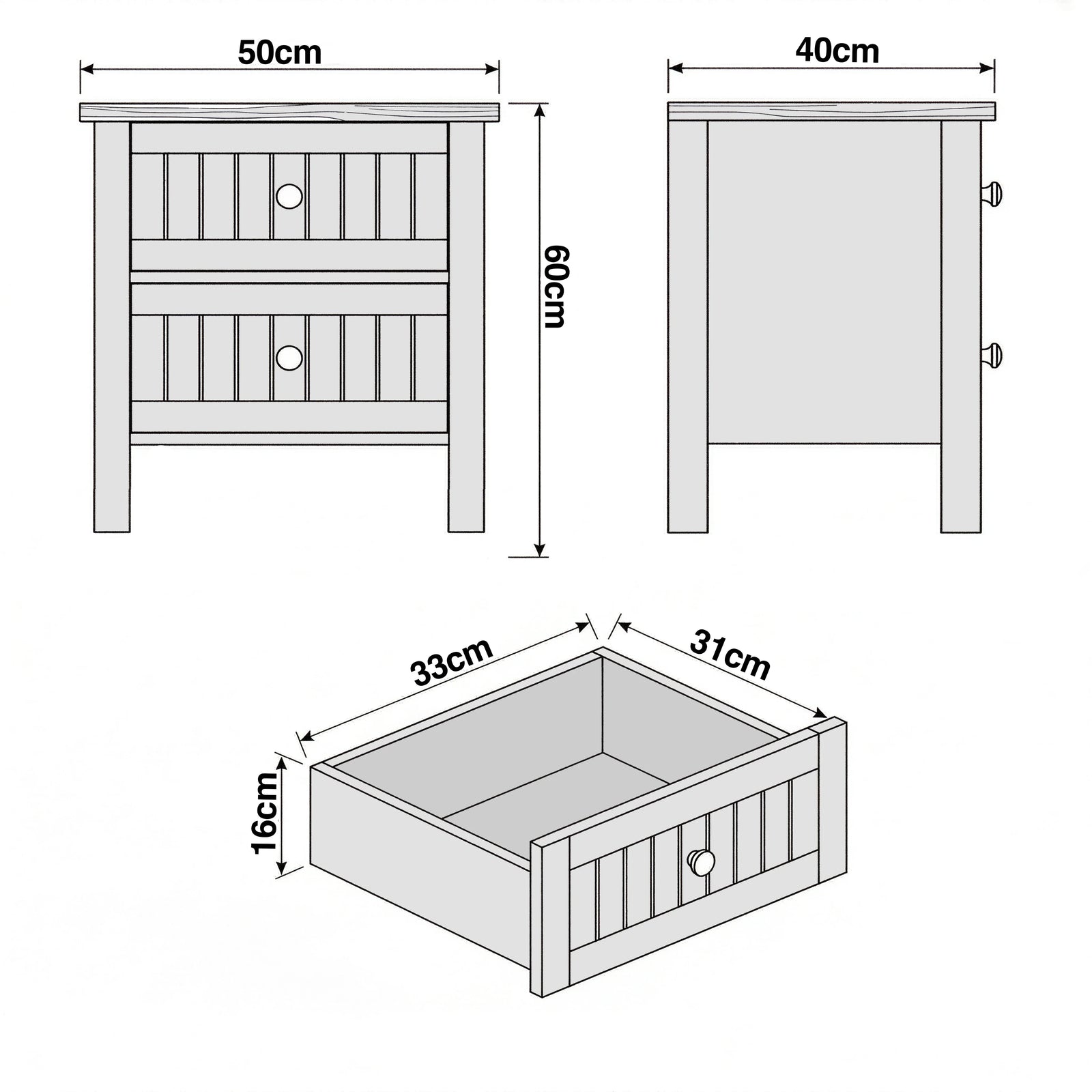 [Black] Linra bedside table dimensions diagram showing 50 cm wide, 40 cm deep and 60 cm tall with a 33 x 31 x 16 cm drawer