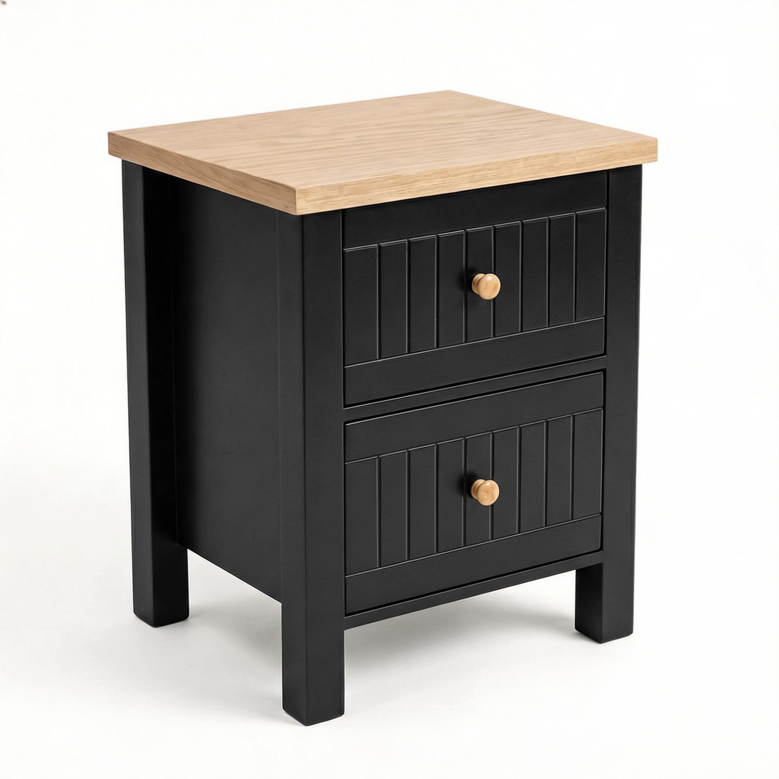 [Black] Three-quarter Linra bedside table view on white showing the oak top, two grooved drawers and square legs