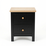 [Black] Studio front shot of the Linra bedside table with two grooved drawer fronts and round knob handles