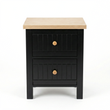 [Black] Studio front shot of the Linra bedside table with two grooved drawer fronts and round knob handles