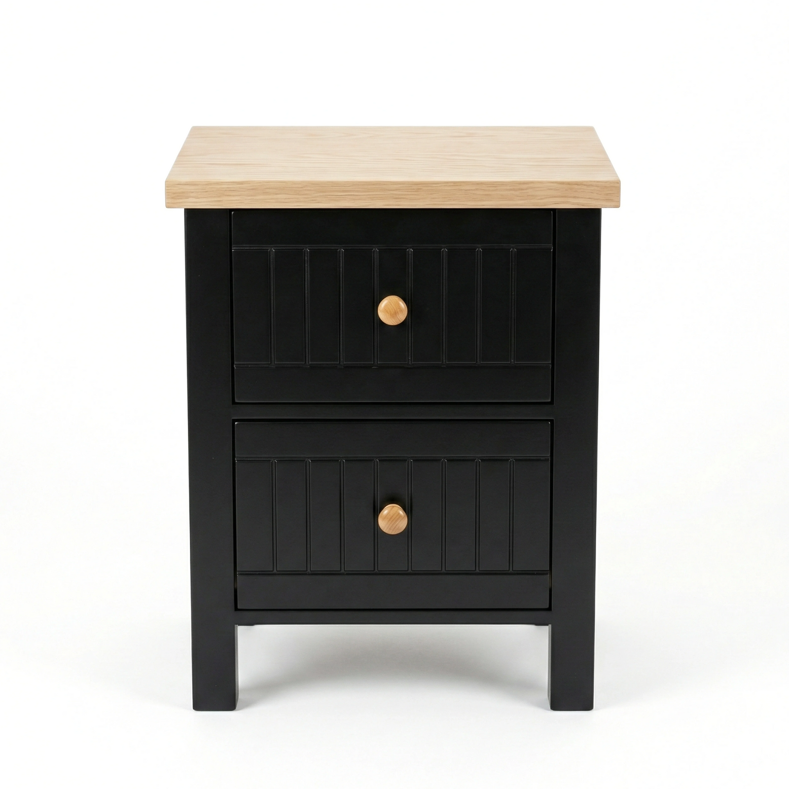 [Black] Studio front shot of the Linra bedside table with two grooved drawer fronts and round knob handles