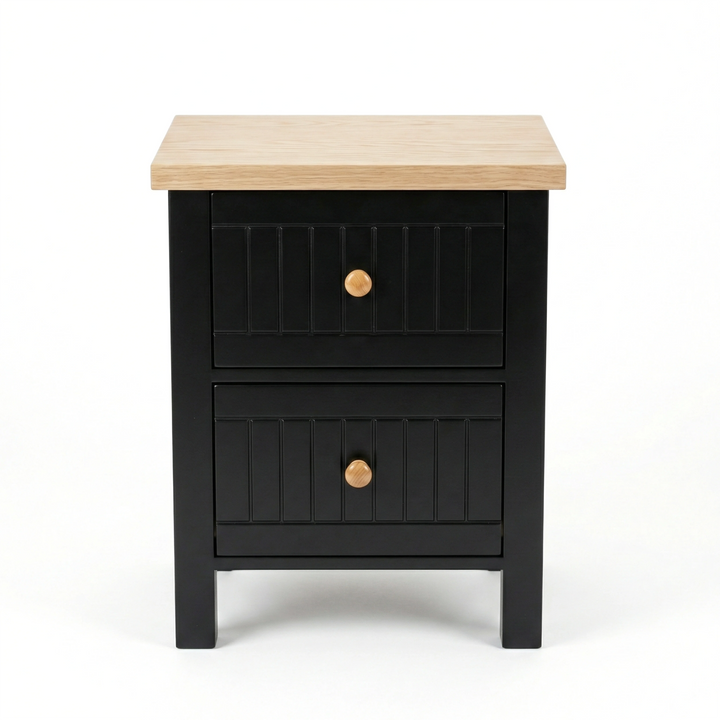 [Black] Studio front shot of the Linra bedside table with two grooved drawer fronts and round knob handles