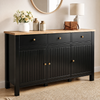 [Black] 3 door sideboard with wooden top in a room setting with decor items