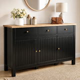 [Black] 3 door sideboard with wooden top in a room setting with decor items