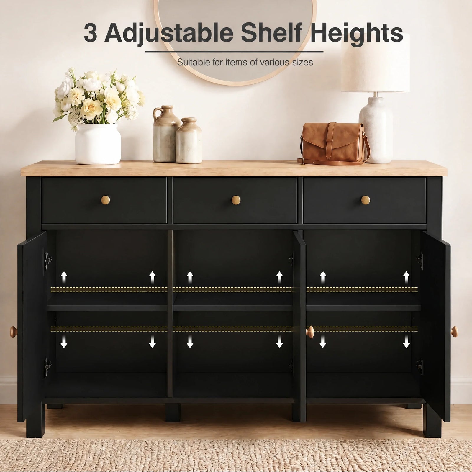 [Black] sideboard with adjustable shelf heights in a room setting