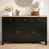 [Black] sideboard with wooden top, decorative items, and a lamp