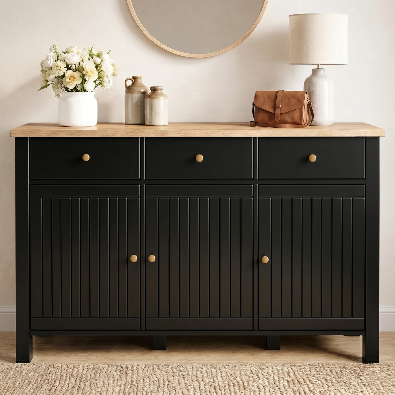 [Black] sideboard with wooden top, decorative items, and a lamp