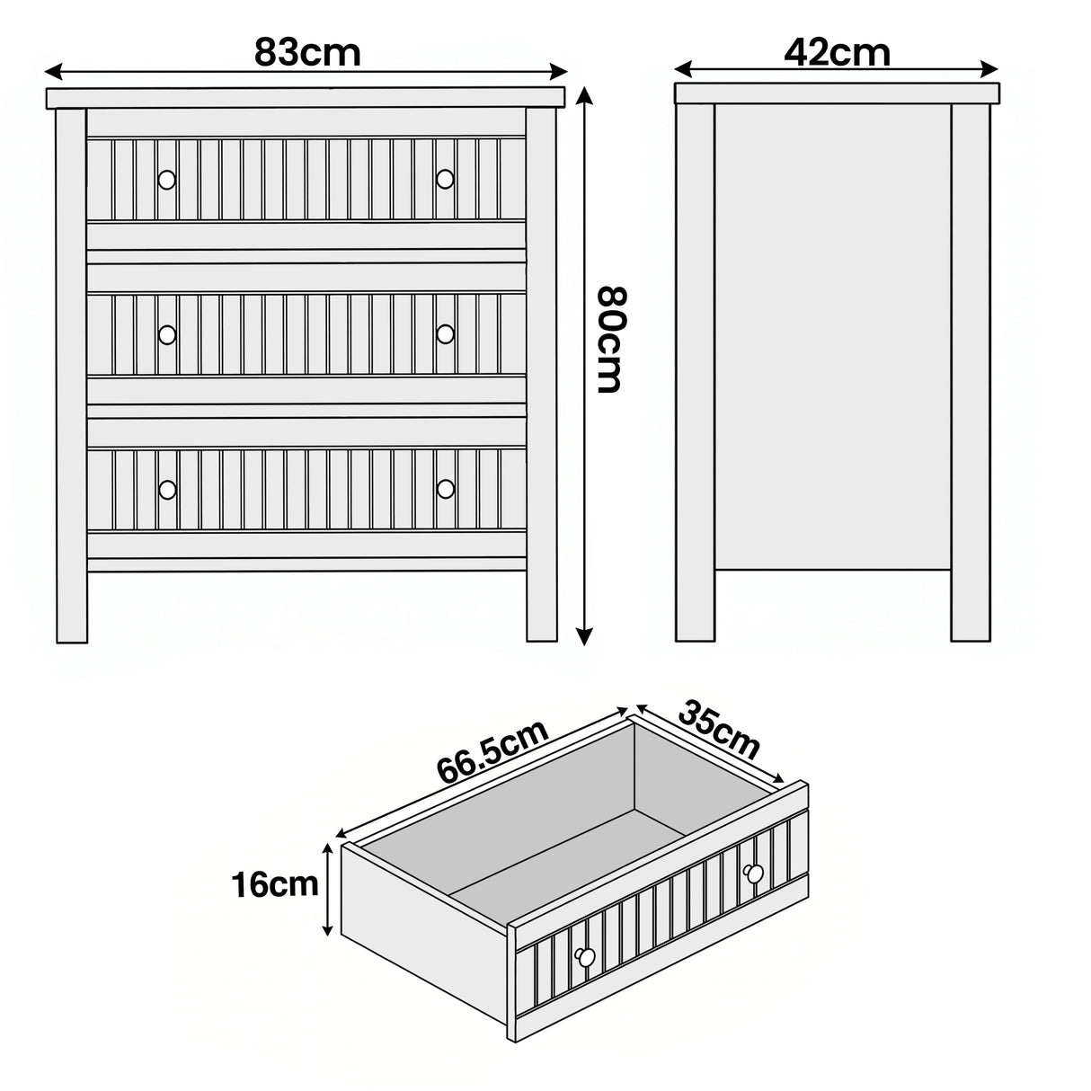 [Black] Line drawing Linra chest of drawers showing W83 cm x D42 cm x H80 cm and drawer 66.5 x 35 x 16 cm