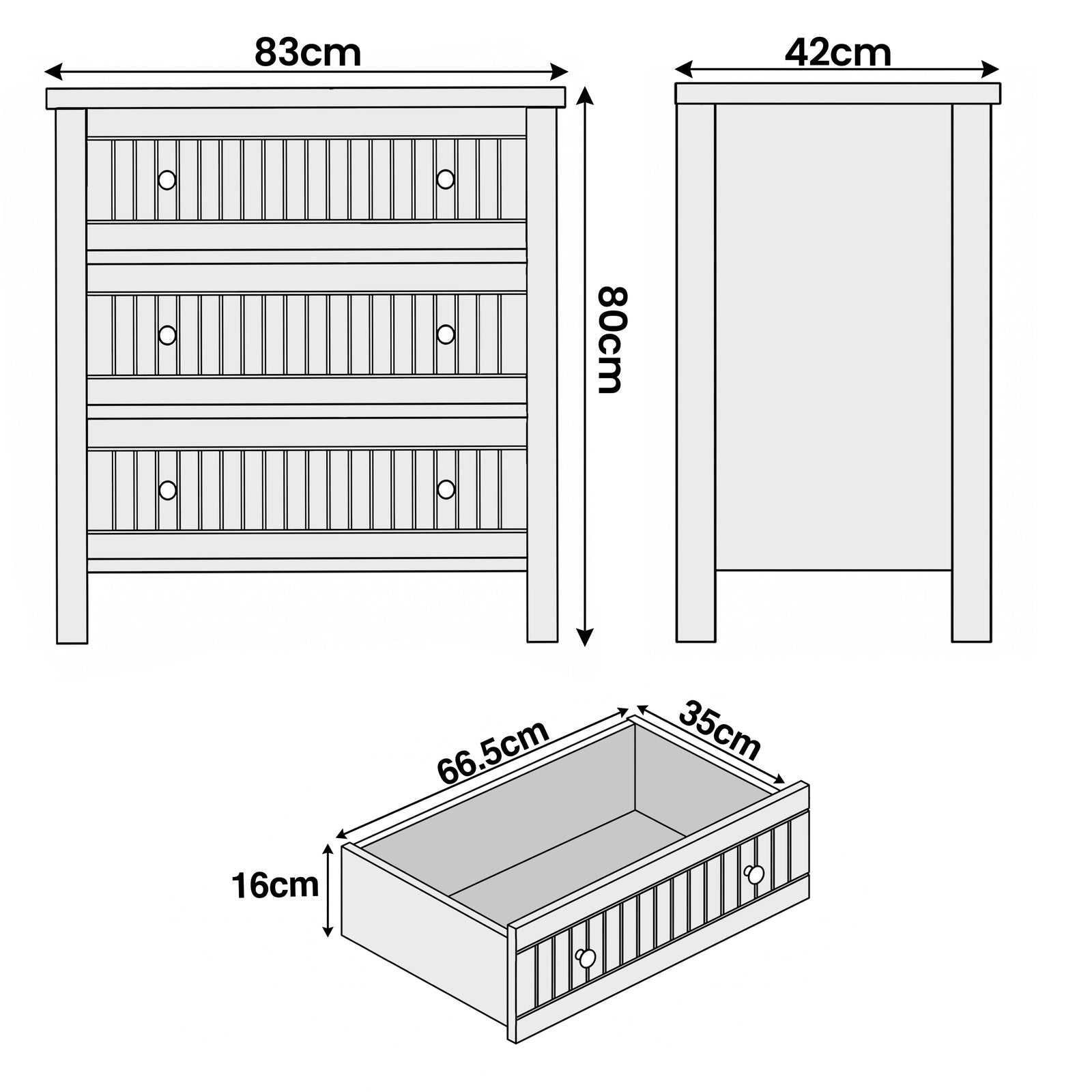 [Black] Line drawing Linra chest of drawers showing W83 cm x D42 cm x H80 cm and drawer 66.5 x 35 x 16 cm