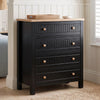 [Black] Linra 4-drawer chest with oak veneer top main front view with basket, rug placed against a beaded cream wall.