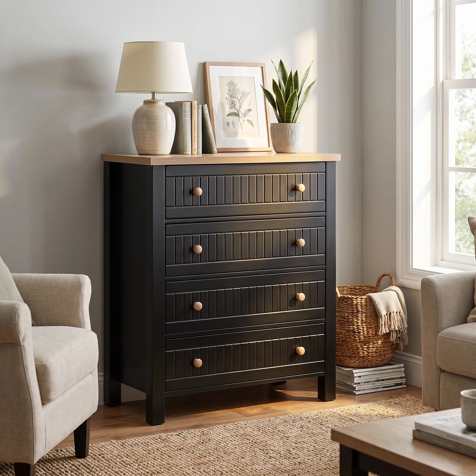 [Black] Linra 4-drawer chest in a wider bedroom lifestyle setting with armchair and accessories on oak veneer top