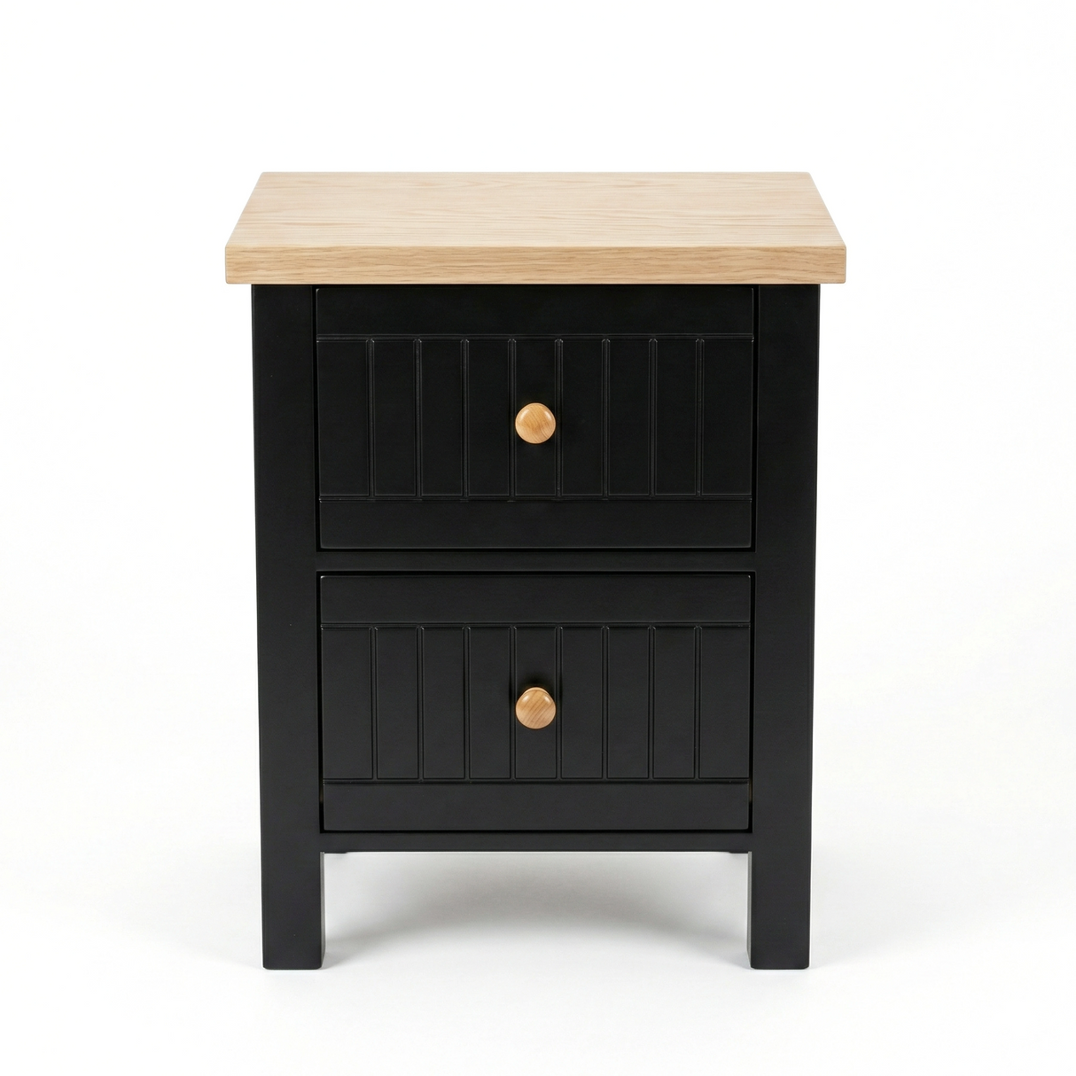 [Black] Linra 2-drawer bedside table angled 3/4 view on white background showing depth and oak veneer top
