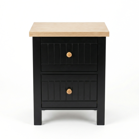 [Black] Linra 2-drawer bedside table angled 3/4 view on white background showing depth and oak veneer top