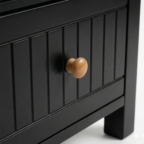 [Black] Linra 2-drawer bedside table detail view on white background showing drawer front and knob handle