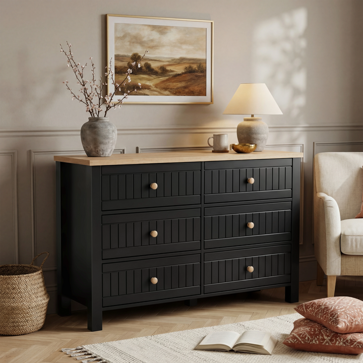 Linra Black Painted Large 6 Chest of Drawers - Bedroom Dresser Linra Black Painted Large 6 Chest of Drawers - Bedroom Dresser