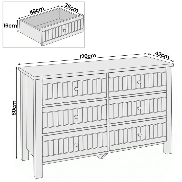 [Black] Linra 6-drawer chest dimensions diagram showing W120 x D42 x H80 cm with drawer interior 49 x 35 x 16 cm