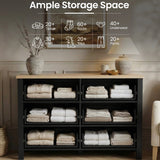 [Black] Linra 6-drawer chest with drawers open showing interior storage capacity with feature annotation overlay