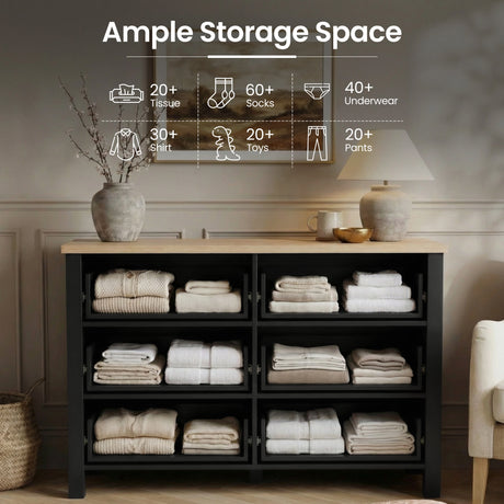 [Black] Linra 6-drawer chest with drawers open showing interior storage capacity with feature annotation overlay