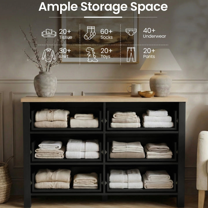 [Black] Linra 6-drawer chest with drawers open showing interior storage capacity with feature annotation overlay