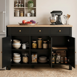[Black] kitchen cabinet with open doors displaying various kitchen items in a modern kitchen setting