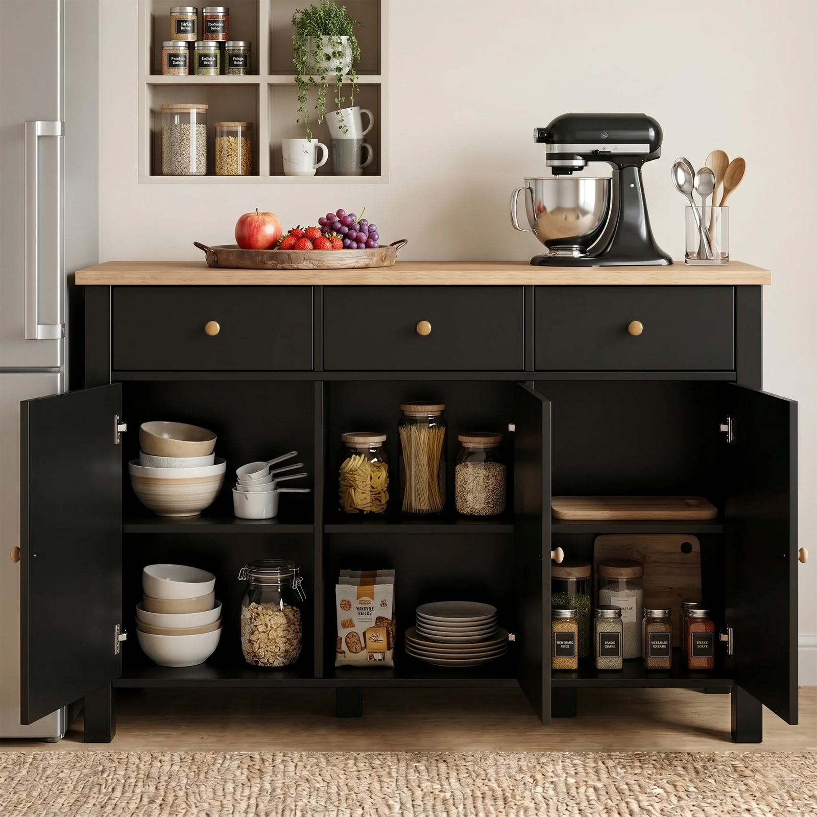 [Black] kitchen cabinet with open doors displaying various kitchen items in a modern kitchen setting