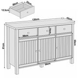 [Black] Linra sideboard dimensions diagram showing W135 x D43 x H81cm with drawer 39 x 14cm and door 39 x 50cm